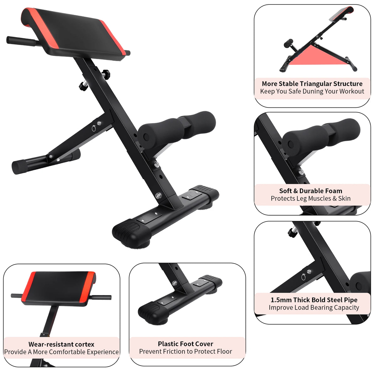 Banco de entrenamiento multifuncional 3 en 1 para abdominales, espalda y core, con respaldo ajustable de 4 capas (rango de altura 94–110 cm) para gimnasio en casa y entrenamiento de fuerza.