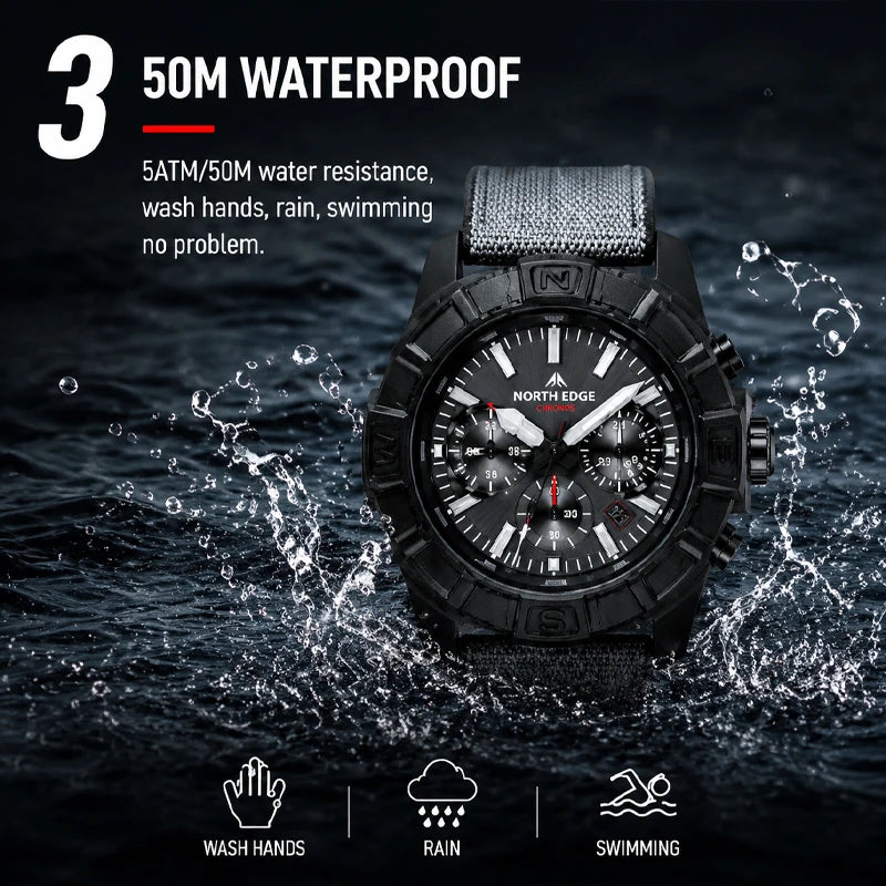 NORTH EDGE BLAZE 2026 Relojes para hombre, energía solar, caja de acero inoxidable 316, reloj de cuarzo para hombre, estilo piloto, resistente al agua 50m, cronómetro