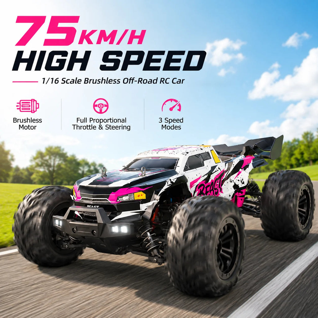 ZNLYRION, coche teledirigido RC todoterreno, camión monstruo 4WD sin escobillas, 2,4 GHz, 3 velocidades ajustables, con faros LED, vehículo RC de gran tamaño para todo tipo de terreno, 2 baterías recargables, juguete RTR