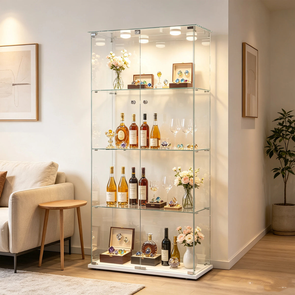 Vitrina de cristal Superaly de 163 cm y 4 niveles, gabinete de exhibición de vidrio de pie con dos puertas para libros, vino, colección, figuras, para sala de estar, bar, entrada, blanco