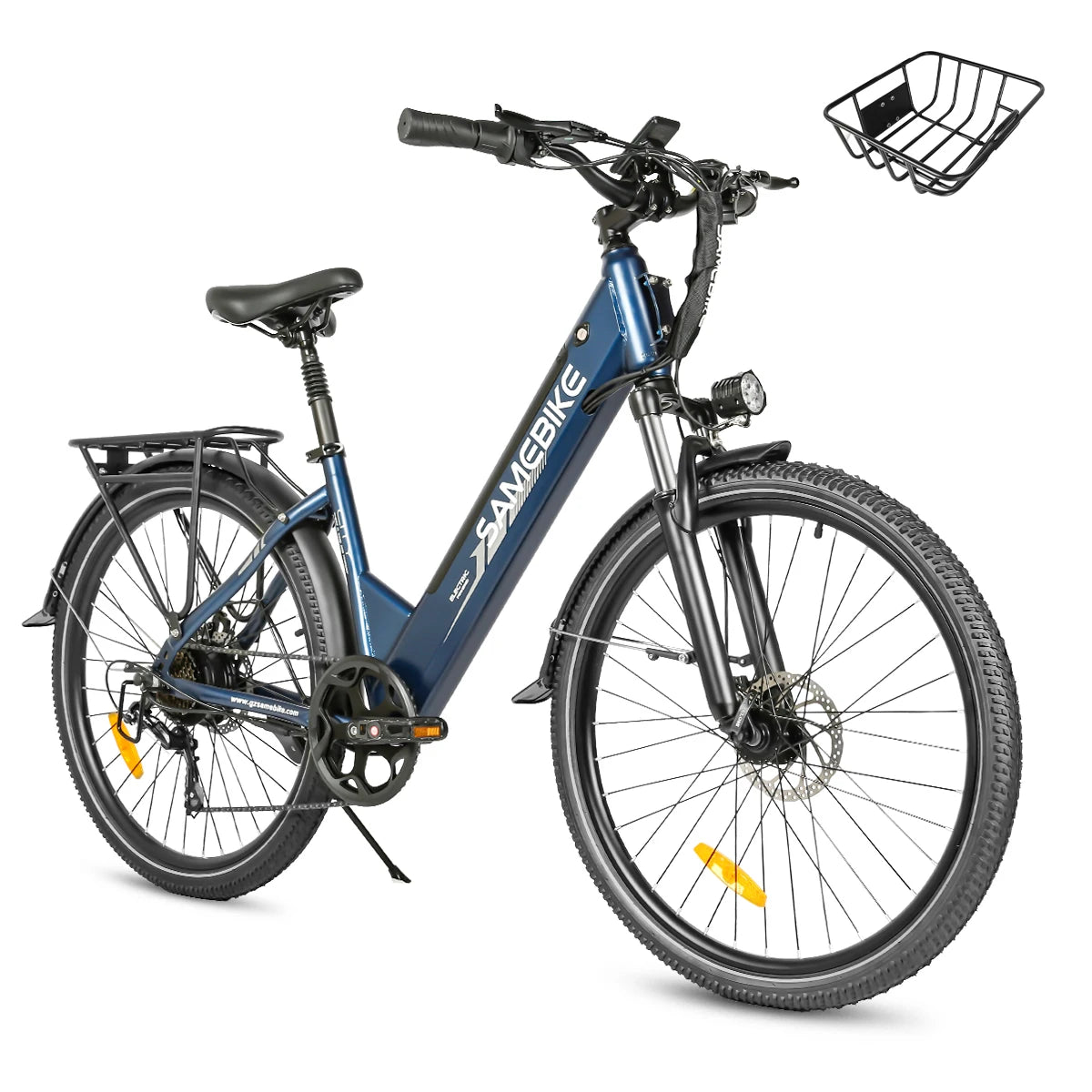 Bicicleta eléctrica SAMEBIKE RS-A01PRO-T de 26 pulgadas, batería de 36V 15Ah, doble suspensión, frenos de disco mecánicos, cesta delantera, portaequipajes trasero, bicicleta eléctrica urbana para adultos