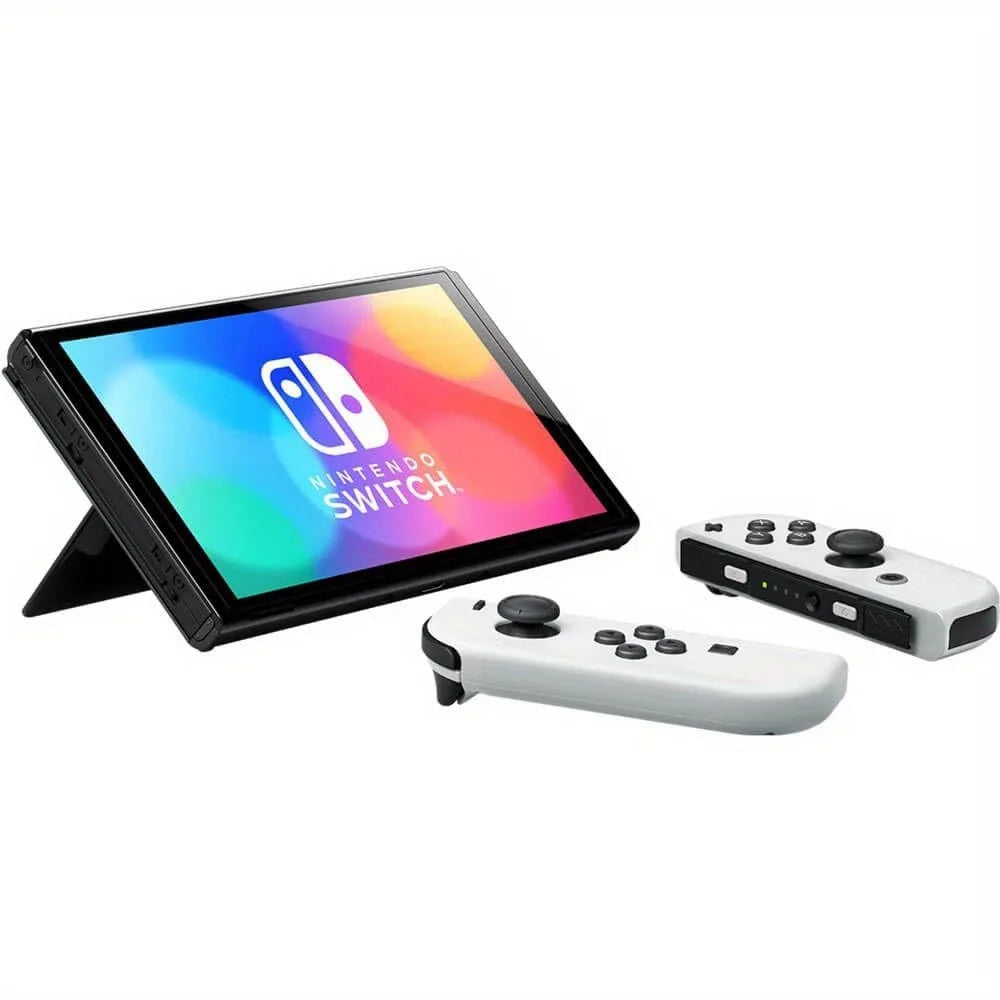 Consola Nintendo Switch OLED en soporte con Joy-Con blancos y pantalla