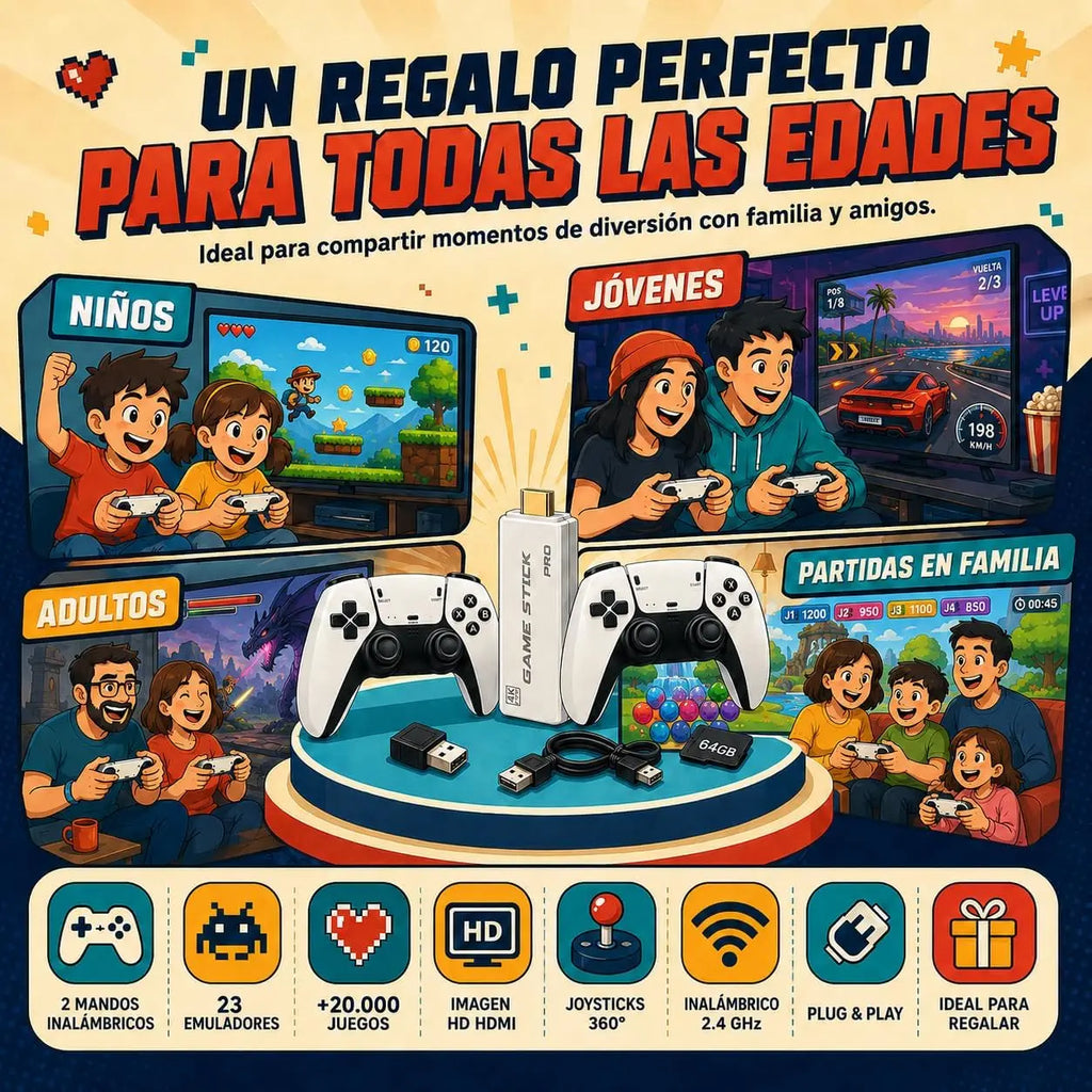 Consola Retro Pro PLUS. 2026 con 2 Controles Inalámbricos |   23 Plataformas y Miles de Títulos, 2 Controles Inalámbricos Blancos, Consola de Videojuegos Arcade, Juegos Clásicos, Conector HDMI para TV