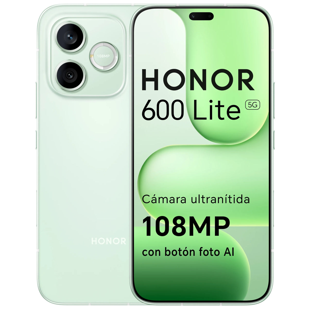Smartphone Honor 600 Lite 5G, 8 GB de RAM y 256 GB de memoria, cámara de 108 MP con botón de IA, pantalla AMOLED de 6.6" con cuidado ocular, 6520 mAh con carga rápida de 45 W, IP66 y SGS, Android 16, doble SIM, NFC