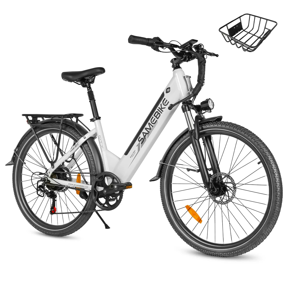 Bicicleta eléctrica SAMEBIKE RS-A01PRO-T de 26 pulgadas, batería de 36V 15Ah, doble suspensión, frenos de disco mecánicos, cesta delantera, portaequipajes trasero, bicicleta eléctrica urbana para adultos