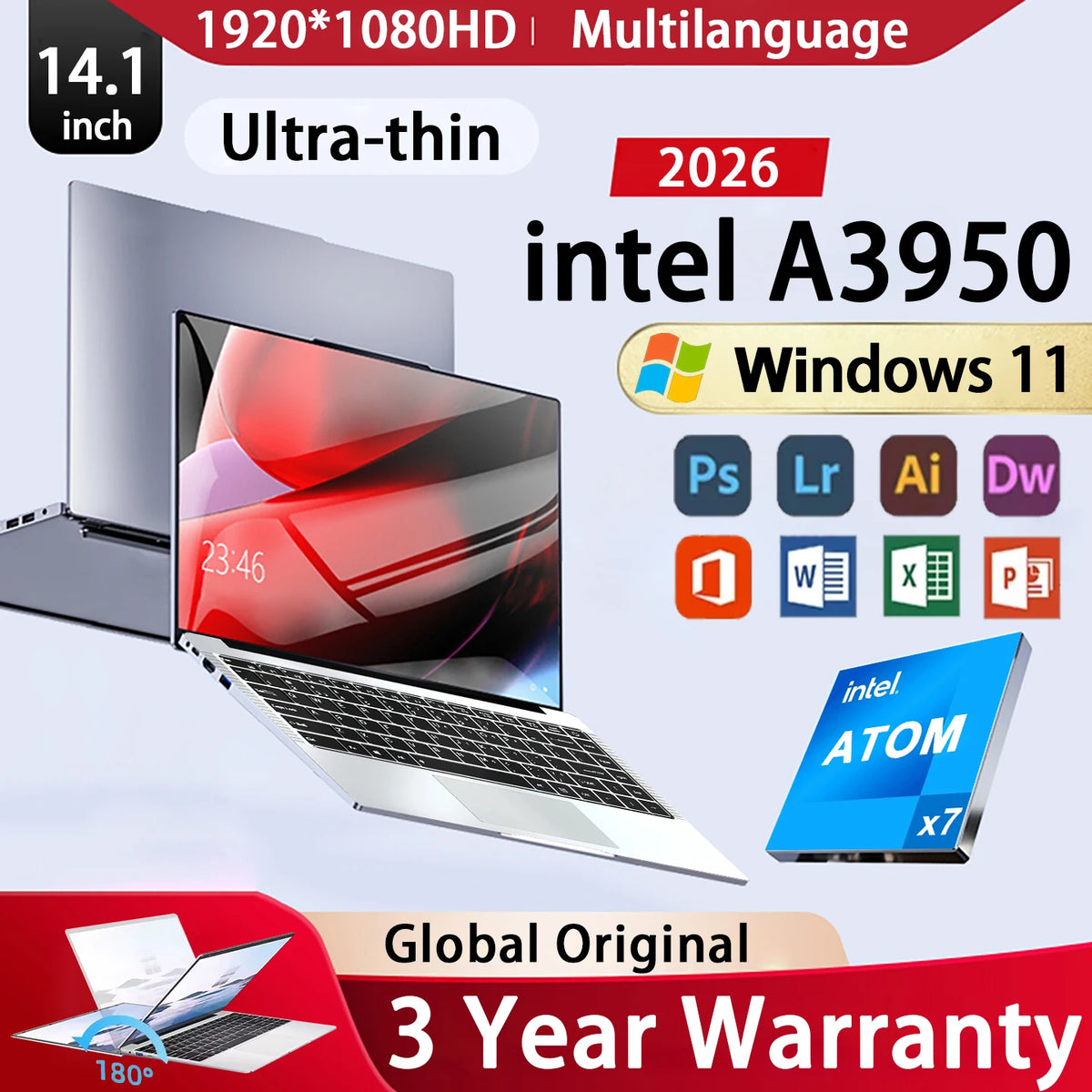 FUCHU Portátil de 14,1 pulgadas Intel Atom A3950 Windows 11, 12 GB de RAM, 1 TB, 2 TB SSD, ordenador portátil, PC para juegos, oficina, ocio, 1920*1080 HD 4K