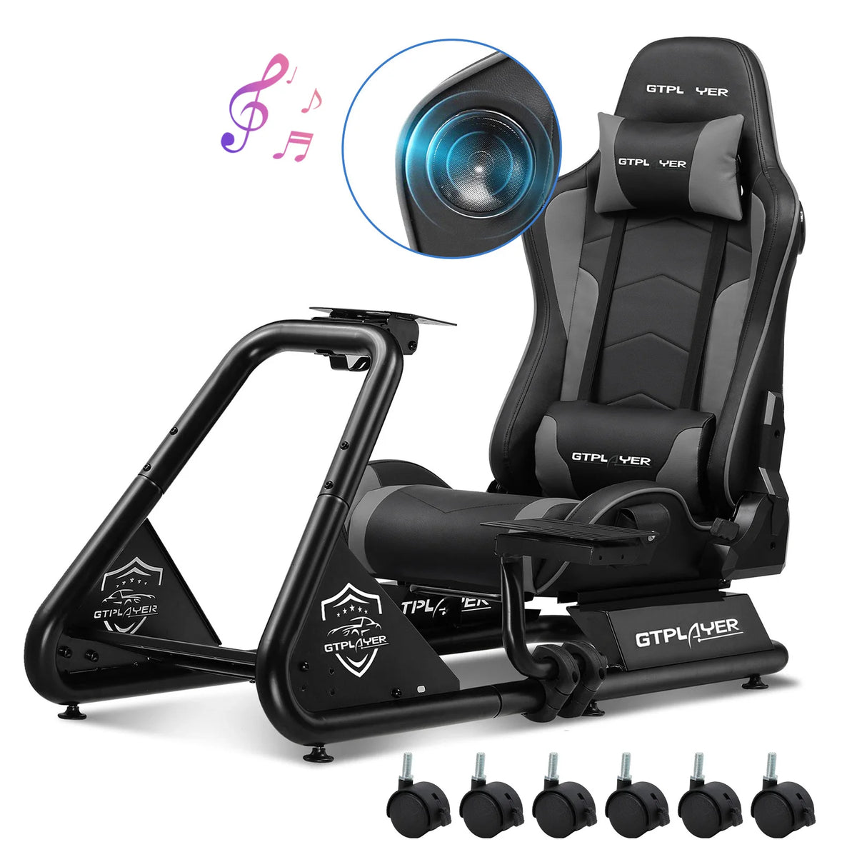 Cabina de simulador GTPLAYER, cabina de simulación de carreras, soporte de volante para simulador de carreras con altavoces, estante para volante y pedales