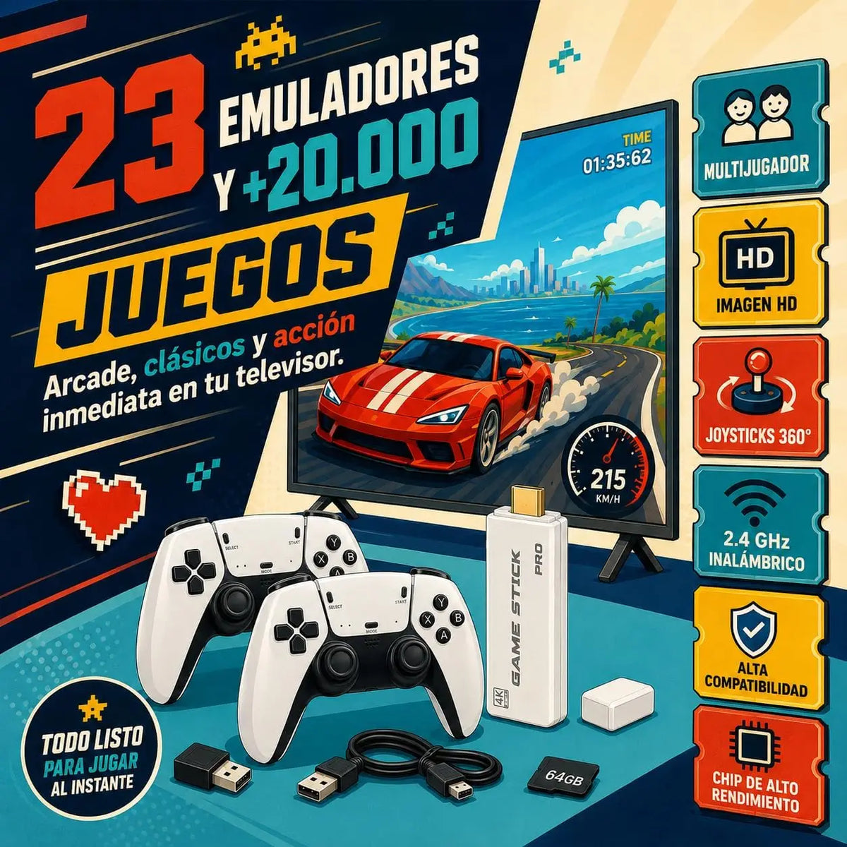 Consola Retro Pro PLUS. 2026 con 2 Controles Inalámbricos |   23 Plataformas y Miles de Títulos, 2 Controles Inalámbricos Blancos, Consola de Videojuegos Arcade, Juegos Clásicos, Conector HDMI para TV