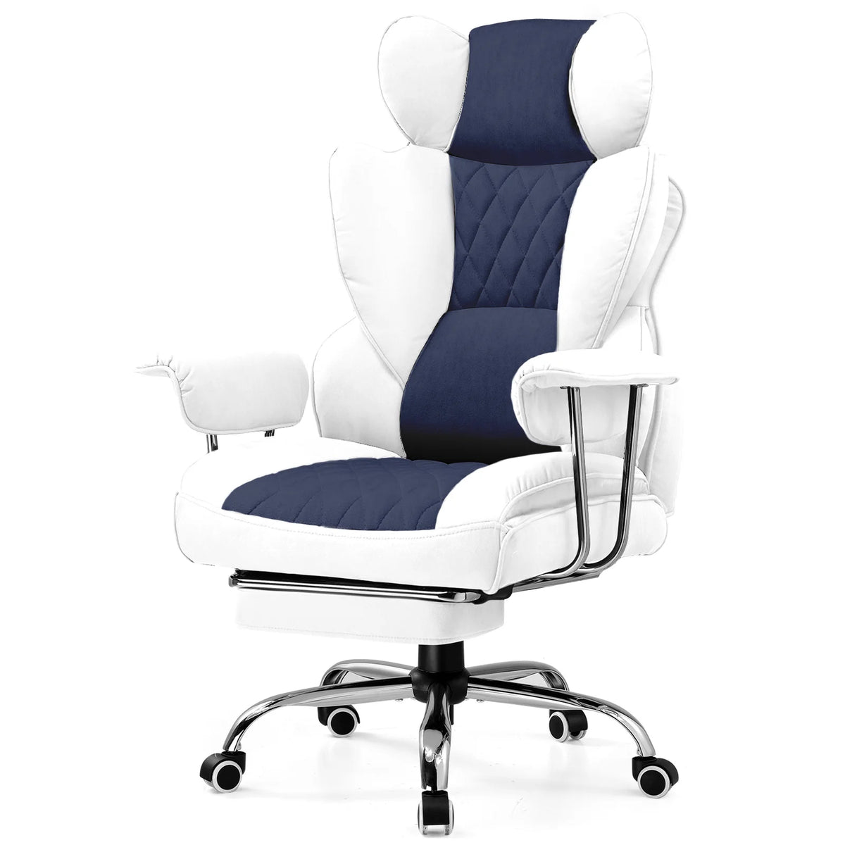 Silla gaming grande blanca con panel azul, reposapiés, soporte lumbar acolchado y reposacabezas