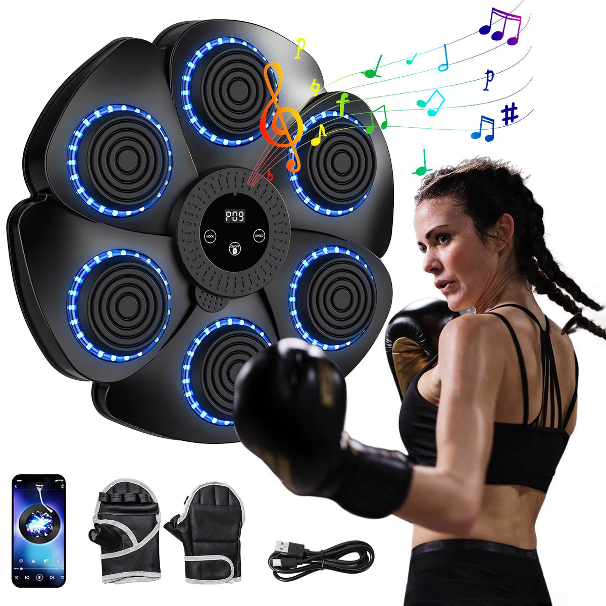 Equipo de Boxeo Inteligente con Música y Bluetooth para Entrenamiento, Máquina de Boxeo Electrónica de Reflejos con Saco de Boxeo Pesado Colgante de Pared