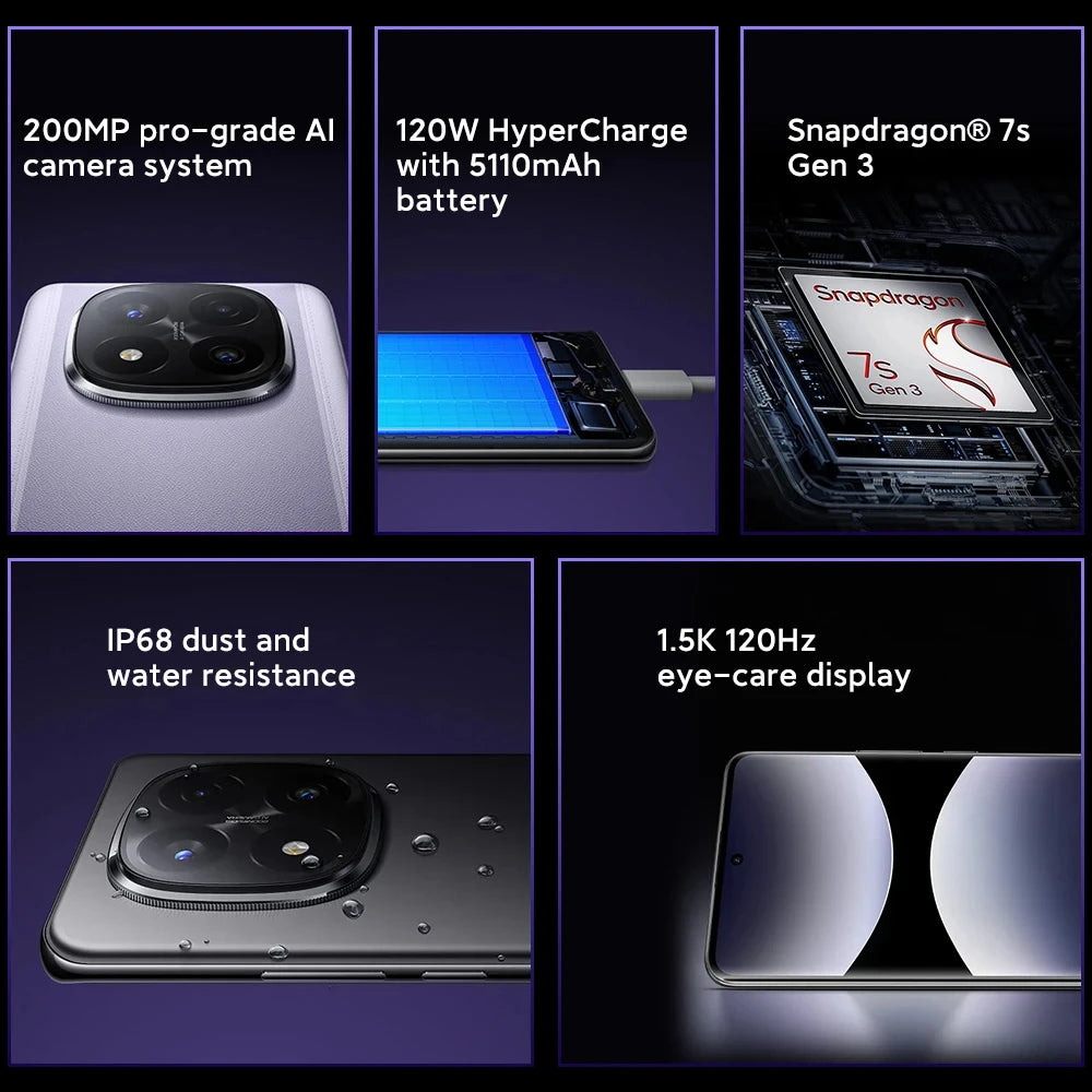 Smartphone Xiaomi Redmi Note 14 Pro Plus 5G Versión Global NFC, procesador Snapdragon® 7s Gen 3, pantalla AMOLED 1,5K de 120Hz, cámara de 200 MP, batería