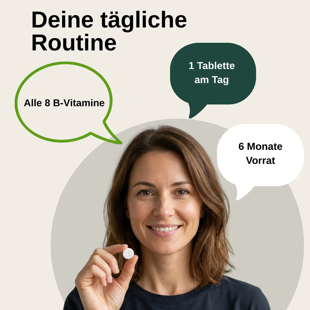 Tabletas de complejo de vitaminas B |     Probado en laboratorio en Alemania |     Suplementos alimenticios |     Con las 8 vitaminas del grupo B |     Con colina e inositol |     Vegano |     Libre de modificaciones genétic