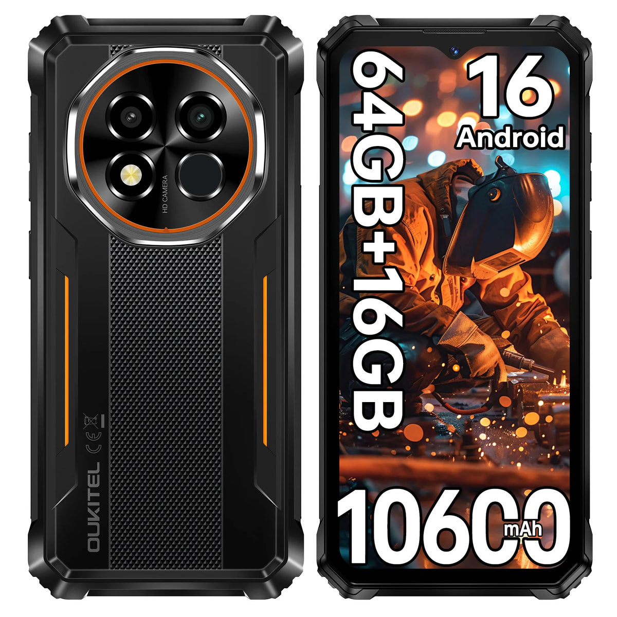 Teléfono inteligente resistente OUKITEL G6 desbloqueado - 16GB+64GB/1TB TF, pantalla HD de 6.52”, IP68/IP69K, Android 16, batería de 10600mAh, 16MP
