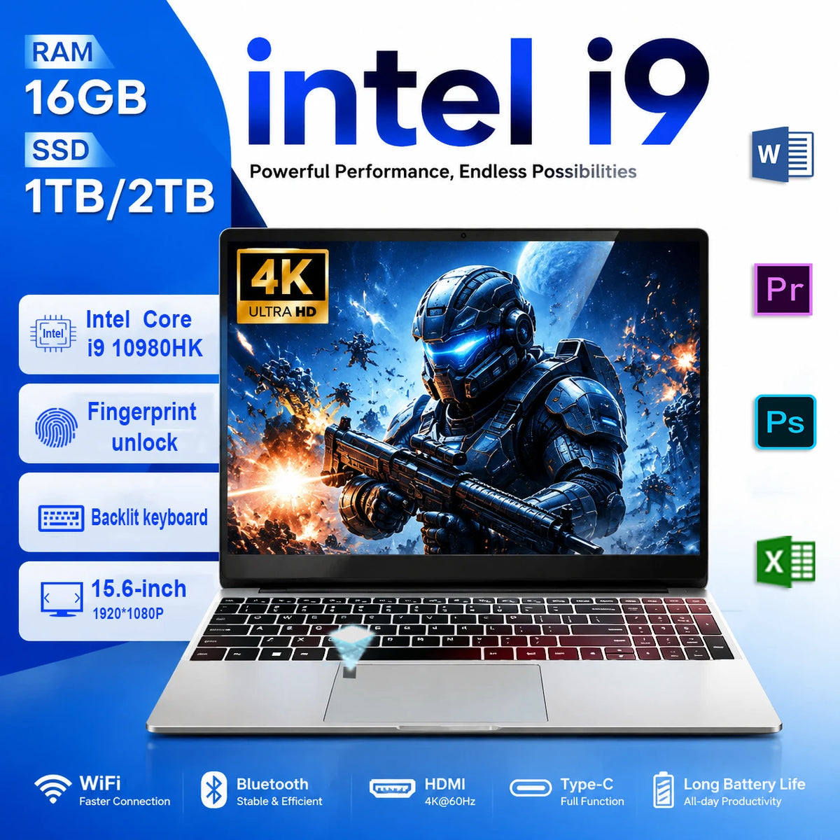 Portátil Intel de 15.6 pulgadas con Windows 11 Pro, I9, para oficina y juegos, Intel Core I9-10980HK, 16GB de RAM, 1TB/2TB SSD, desbloqueo por huella dactilar, teclado retroiluminado, portátiles Intel, 1920*1080HD