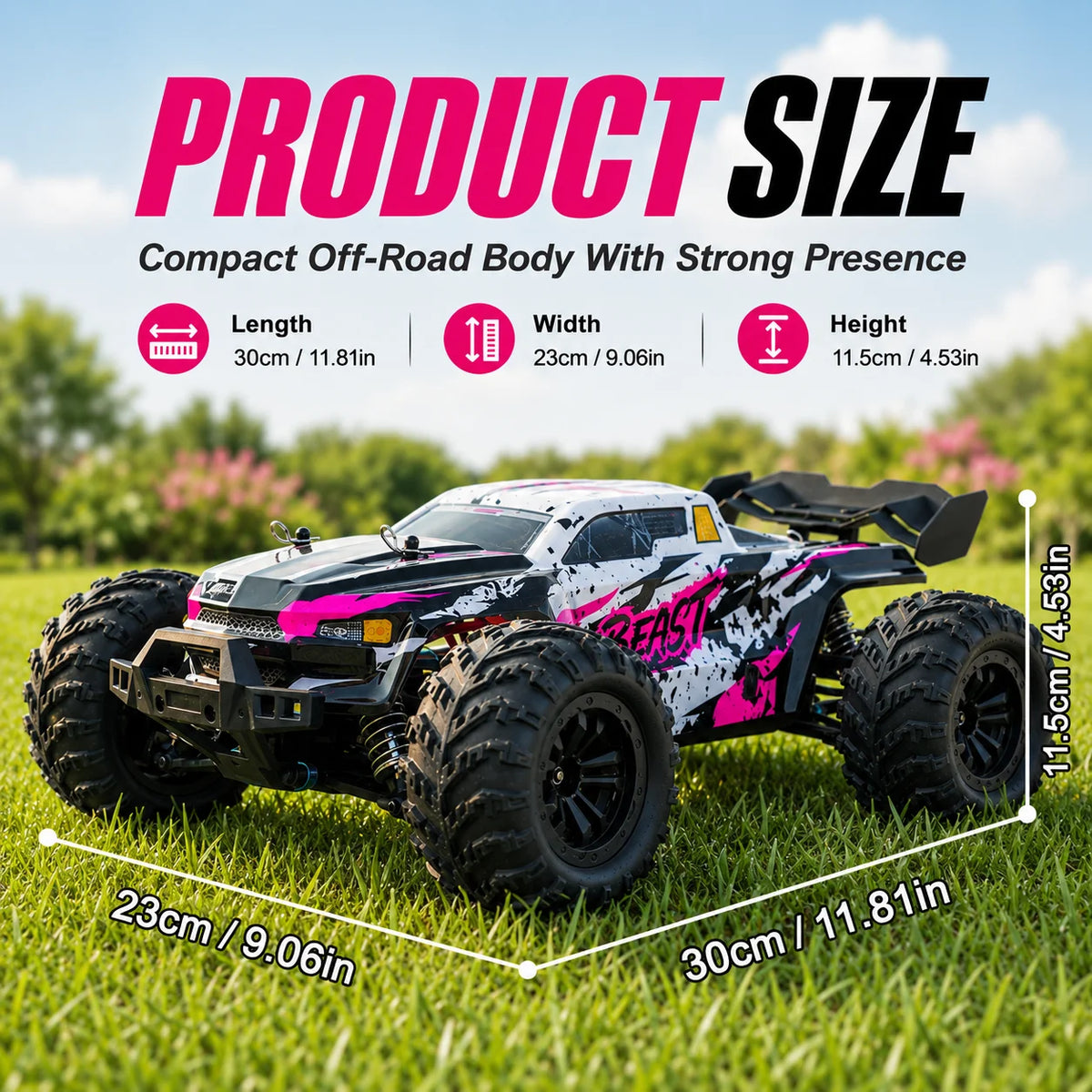 ZNLYRION, coche teledirigido RC todoterreno, camión monstruo 4WD sin escobillas, 2,4 GHz, 3 velocidades ajustables, con faros LED, vehículo RC de gran tamaño para todo tipo de terreno, 2 baterías recargables, juguete RTR