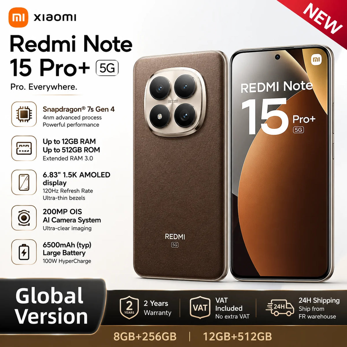 Xiaomi Redmi Note 15 Pro Plus 5G Versión Global 6.83" 120Hz AMOLED Smartphone Snapdragon 7s Gen 4 Cámara OIS de 200MP 6500mAh Carga rápida de 100W NFC