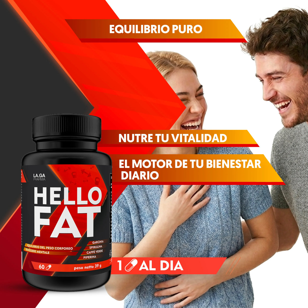 HelloFat© Suplemento con Espirulina, L-Tirosina, Naranjo Amargo, Piperina, Cromo. Natural Complex para Hombre y Mujer, Fórmula Completa, 60 Cápsulas Fabricado en Italia, 2 Meses.
