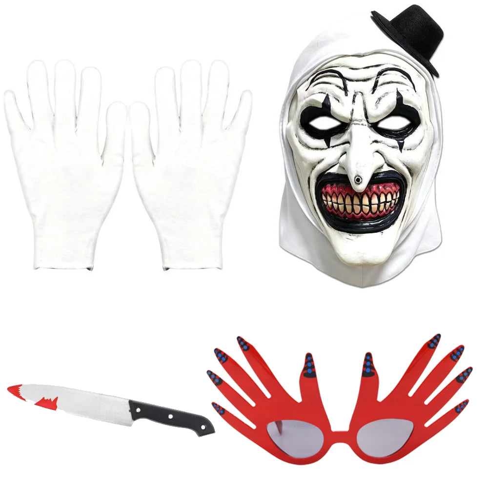    Disfraz de Art The Clown, Máscara, Tocado, Gafas y Accesorios de Terror con Manchas de Sangre  Accesorios para disfraces de Halloween con cuernos