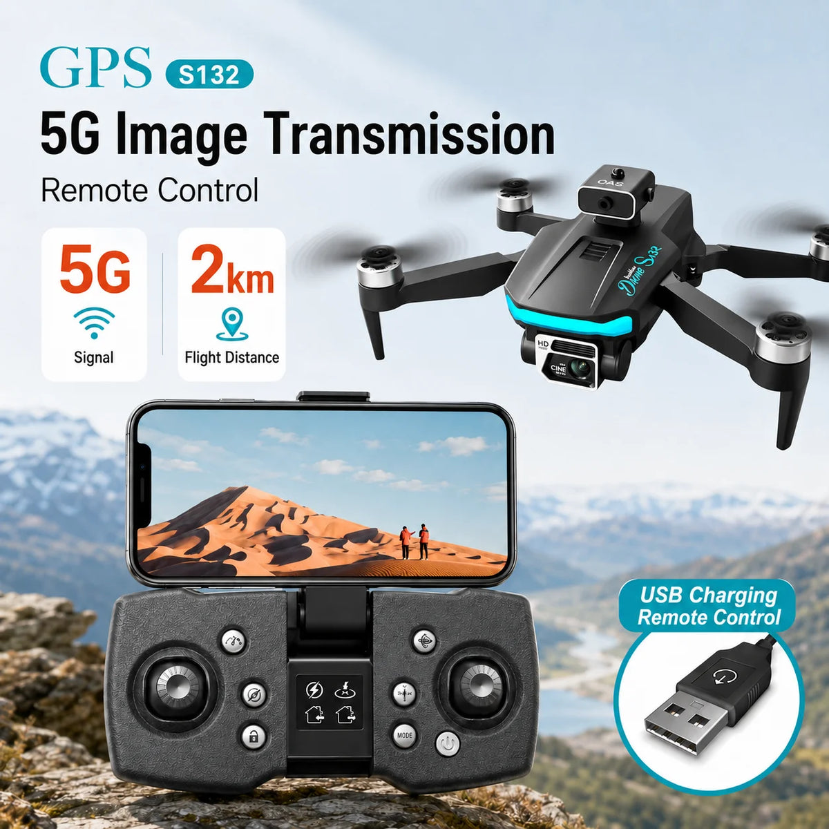 Kit de dron RC negro: dron, control remoto y pantalla con transmisión de imagen