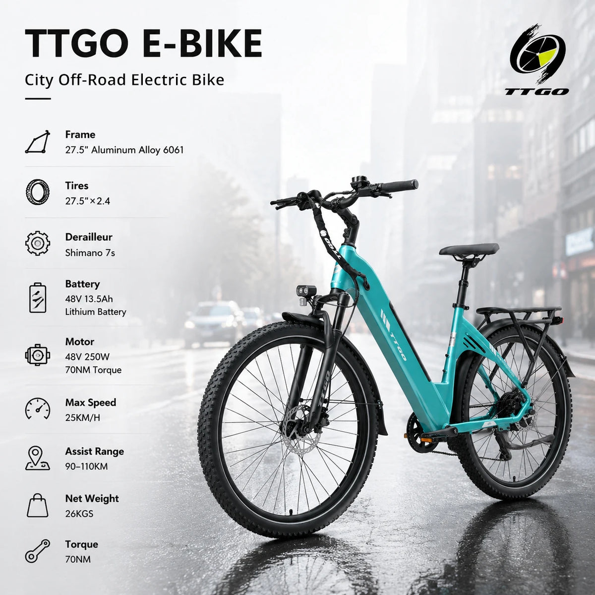 TTGO C5 250W Electric City Bike for Adults, 48V 13.5Ah Removable Battery, 62Nm Brushless Motor, Low-Step Aluminium Frame, Hydraulic Disc Brakes,  7-Speed, Front Suspension E-Bike for Men and Women