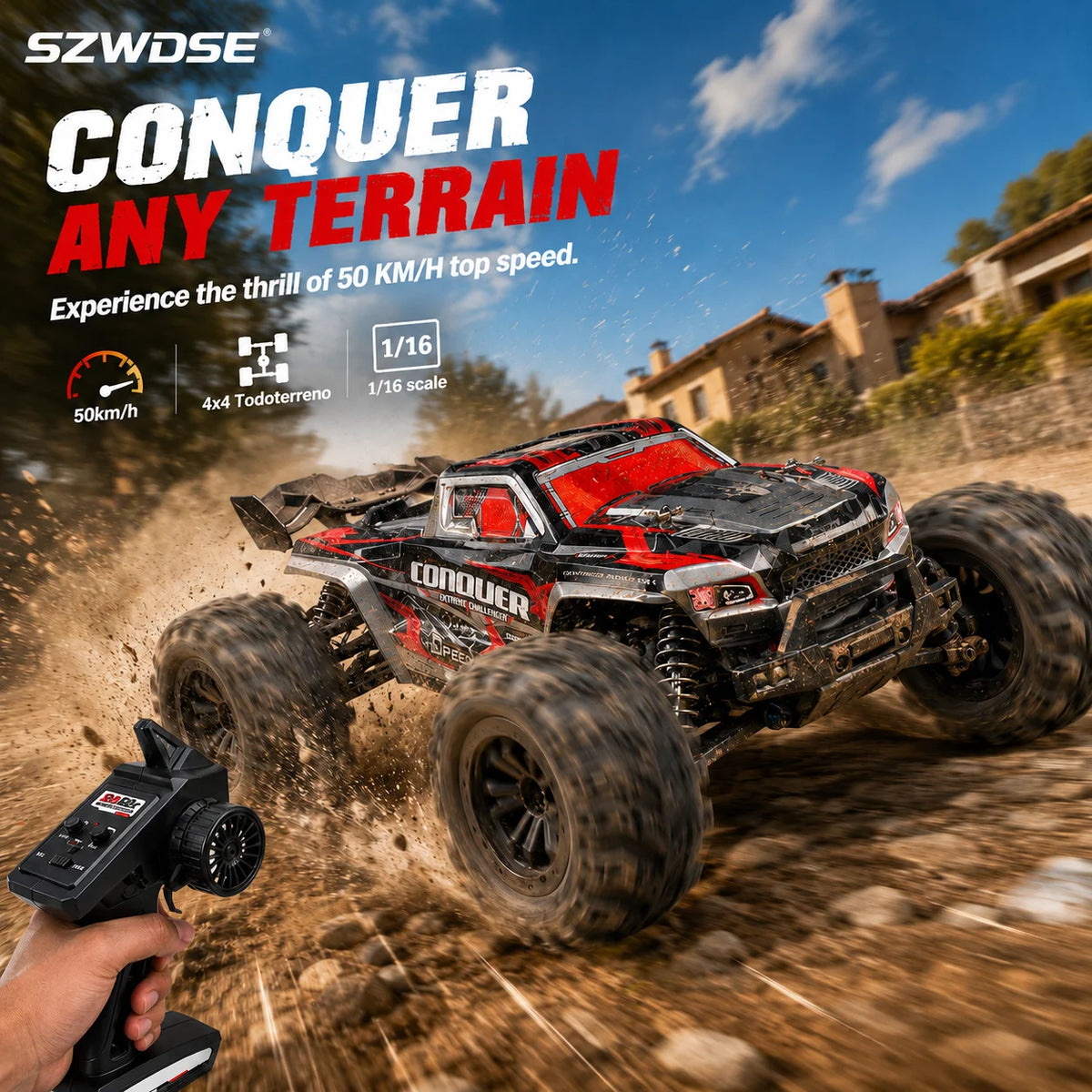 Coche RC a escala 1:16, alta velocidad 50 KM/H, 4WD, Monster Truck todoterreno, resistente al agua IPX4, control remoto de 2.4 GHz, vehículo de grado profesional para adultos y niños, carreras en todo terreno
