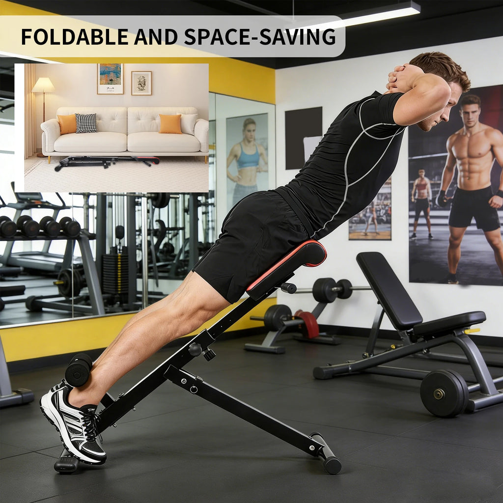 Banco de entrenamiento multifuncional 3 en 1 para abdominales, espalda y core, con respaldo ajustable de 4 capas (rango de altura 94–110 cm) para gimnasio en casa y entrenamiento de fuerza.