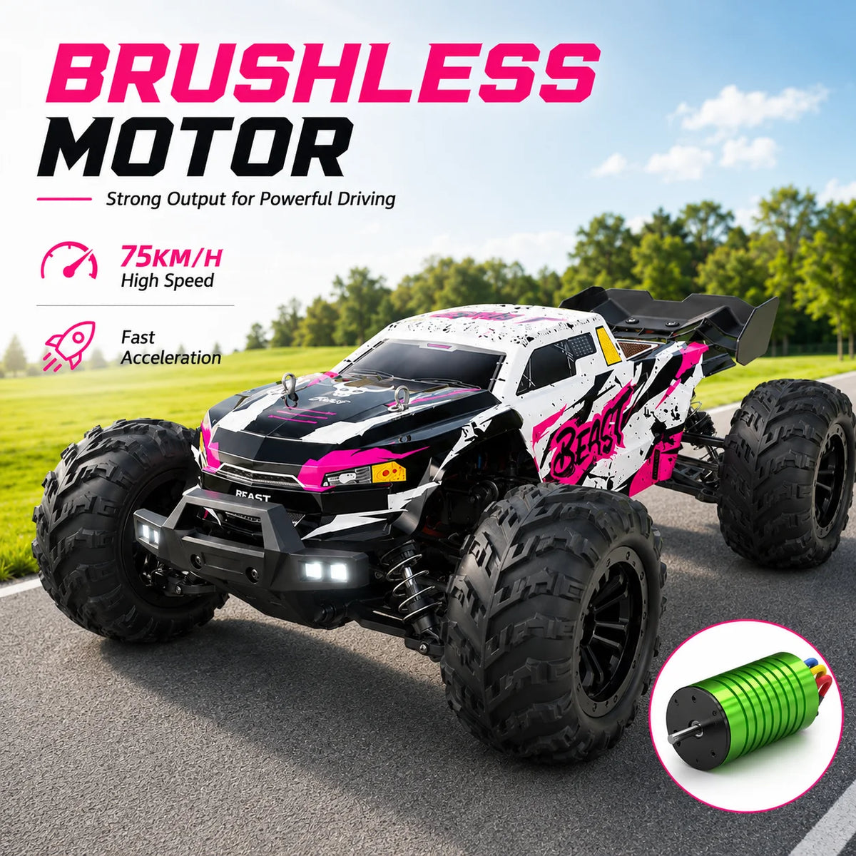 ZNLYRION, coche teledirigido RC todoterreno, camión monstruo 4WD sin escobillas, 2,4 GHz, 3 velocidades ajustables, con faros LED, vehículo RC de gran tamaño para todo tipo de terreno, 2 baterías recargables, juguete RTR