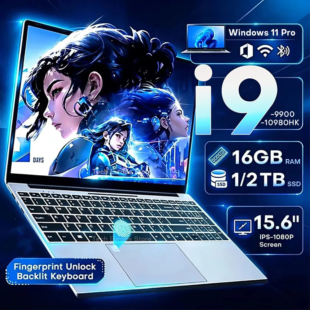 Computadora Portátil 2026 Windows 11 Intel Core i9 10980HK/9900 de 15.6" con 16GB de RAM, 1TB/2TB SSD, 4K, Desbloqueo por Huella Dactilar, Portátil para Juegos, Negocios, Estudio y Oficina