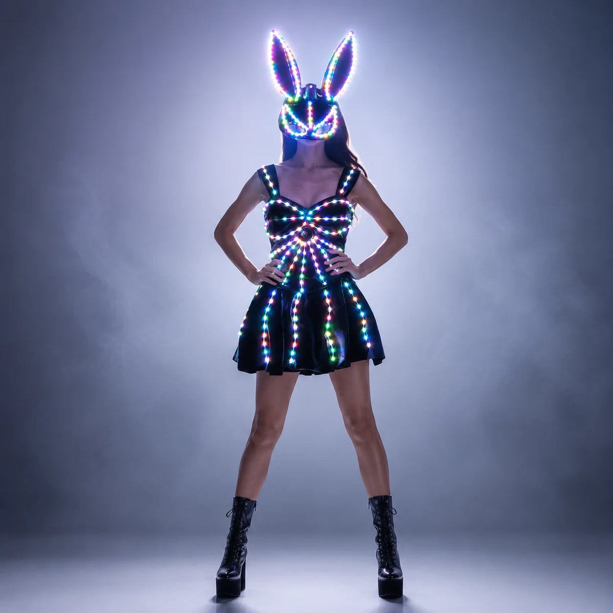 Vestido de discoteca con espejo y luces LED, ideal para fiestas, cumpleaños y eventos nocturnos. Diseño sin mangas, con luces LED brillantes, perfecto para bailarinas, cantantes y artistas de escenario.