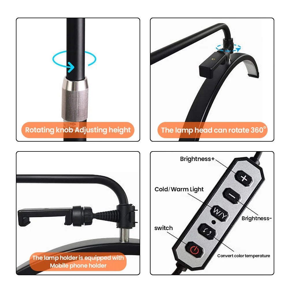Lámpara LED OWJHE 36W Giratoria con Forma de Media Luna para Pestañas, Luz de Relleno para Fotografía, Lámpara de Pie para Extensión de Pestañas y Belleza