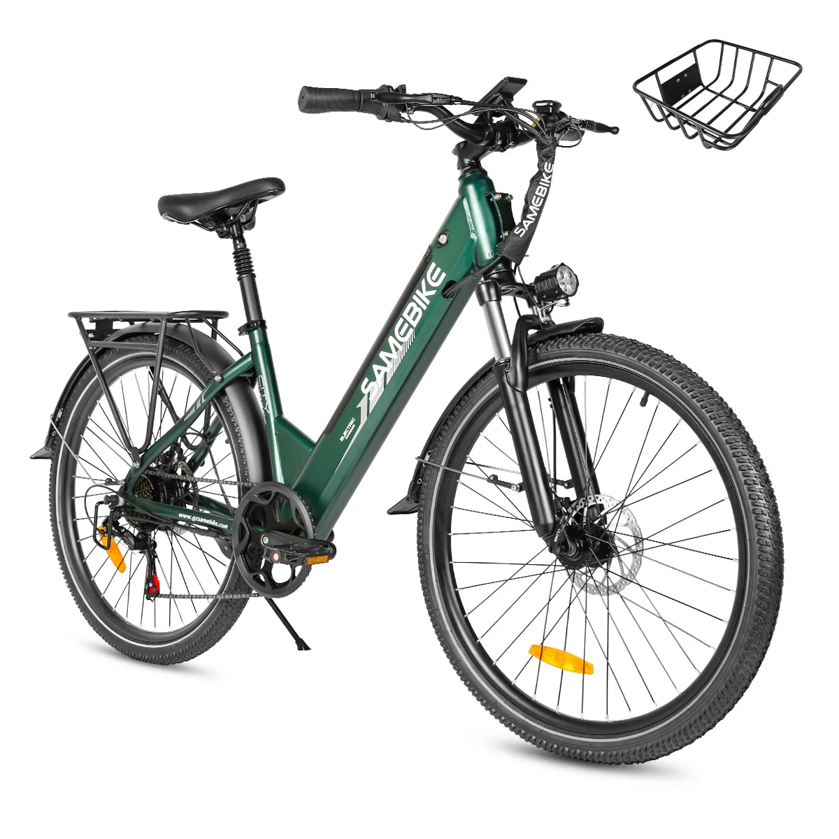 Bicicleta eléctrica SAMEBIKE RS-A01PRO-T de 26 pulgadas, batería de 36V 15Ah, doble suspensión, frenos de disco mecánicos, cesta delantera, portaequipajes trasero, bicicleta eléctrica urbana para adultos