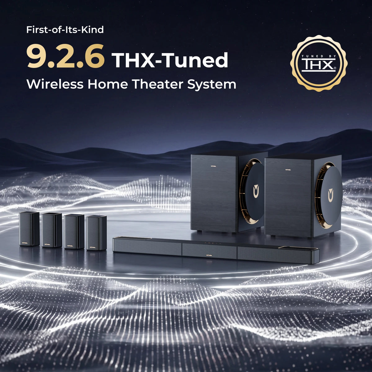 ULTIMEA Skywave X100 Dual Barra de Sonido con Sistema de Sonido Envolvente Inalámbrico 9.2.6 Ajustado por THX, Dolby Atmos y DTS:X, Doble Subwoofer de 10", 2000 W de Potencia Pico, Amplificador GaN y Paso de Señal 8K