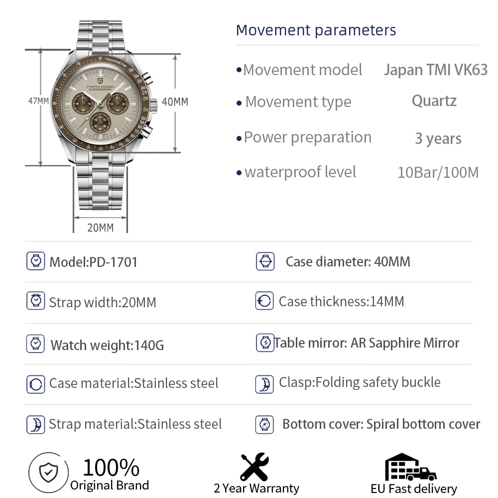 Reloj de cuarzo de lujo PAGANI DESIGN Planetary Series Saturn Light Tan para hombre, modelo 2026, cronógrafo deportivo Speed, cristal de zafiro AR, envío local en la UE
