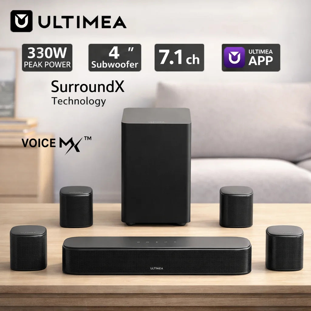 ULTIMEA Aura S4T 350W Barra de Sonido 7.1ch en Kit para TV con Subwoofer, 4 Altavoces Envolventes y Soportes de Montaje, Sistema de Cine en Casa, Control por App, HDMI ARC