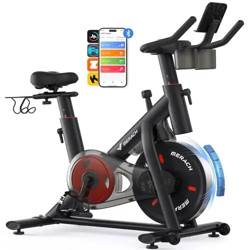 MERACH Bicicleta Estática en Casa, S26B2 Bicicleta Spinning con Monitor LED, Transmisión Silenciosa por Cinturón y Cómodo Cojín de Asiento, App Propia, Capacidad de 122 kg, Entrenamiento Aeróbico