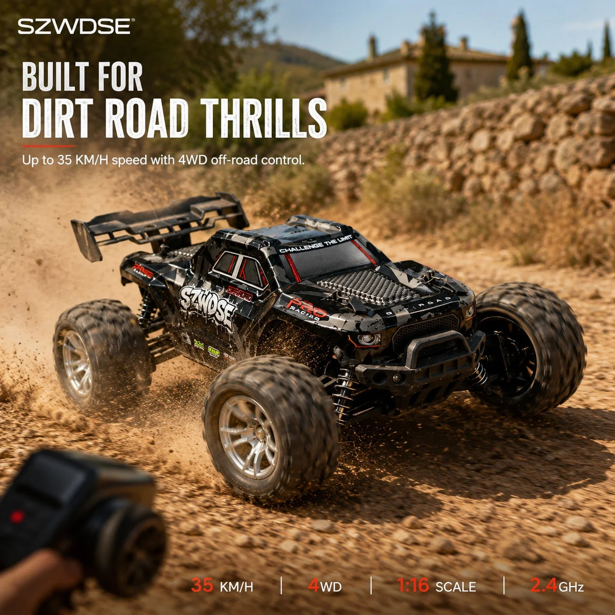 SZWDSE 1:16 4WD RC Car, 35 km/h High Speed, 2.4GHz 80m Anti-Interference Remote Control, Dual 7.4V 1500mAh Batteries for 32 minutes of run time, Splash-Resistant, Independent Suspension with Metal Shock Absorbers, Off-Road Ti