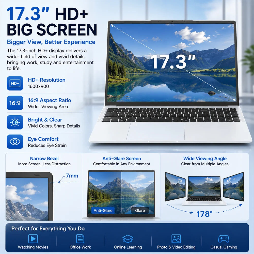 17.3 Inch HD+ Laptop Intel N95 12GB RAM 512GB SSD | Windows 11 Large Screen Office & Entertainment Notebook | Fingerprint Unlock Backlit Keyboard Type-C 10000mAh Battery Numeric Keypad (French Warehouse Tax Included)
