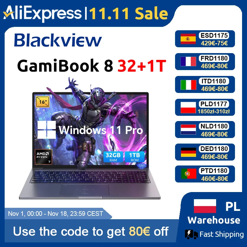 Blackview ‎ GamiBook 8 AMD R7 7735HS 16" 5000MAH Laptop 16GB+512GB / 32GB+1TB Windows 11Pro BT5.2 Wifi 6 Teclado Retroiluminado