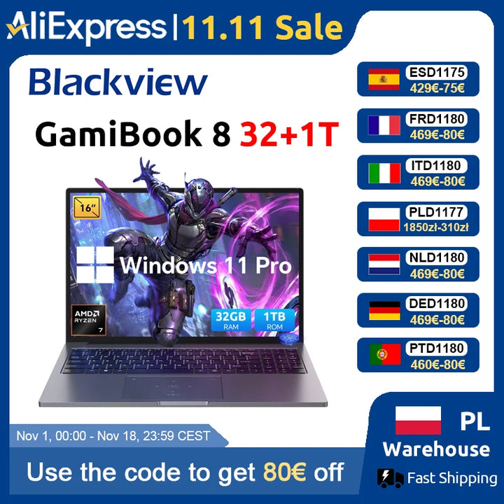 Blackview ‎ GamiBook 8 AMD R7 7735HS 16" 5000MAH Laptop 16GB+512GB / 32GB+1TB Windows 11Pro BT5.2 Wifi 6 Teclado Retroiluminado