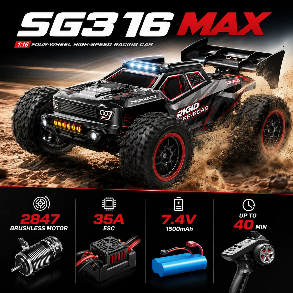 Auto RC sin Escobillas de Alta Velocidad 80km/h para Todo Terreno con Luces LED Brillantes, Control Remoto 2.4G, Camioneta RTR 1/16, Auto Todoterreno 4WD