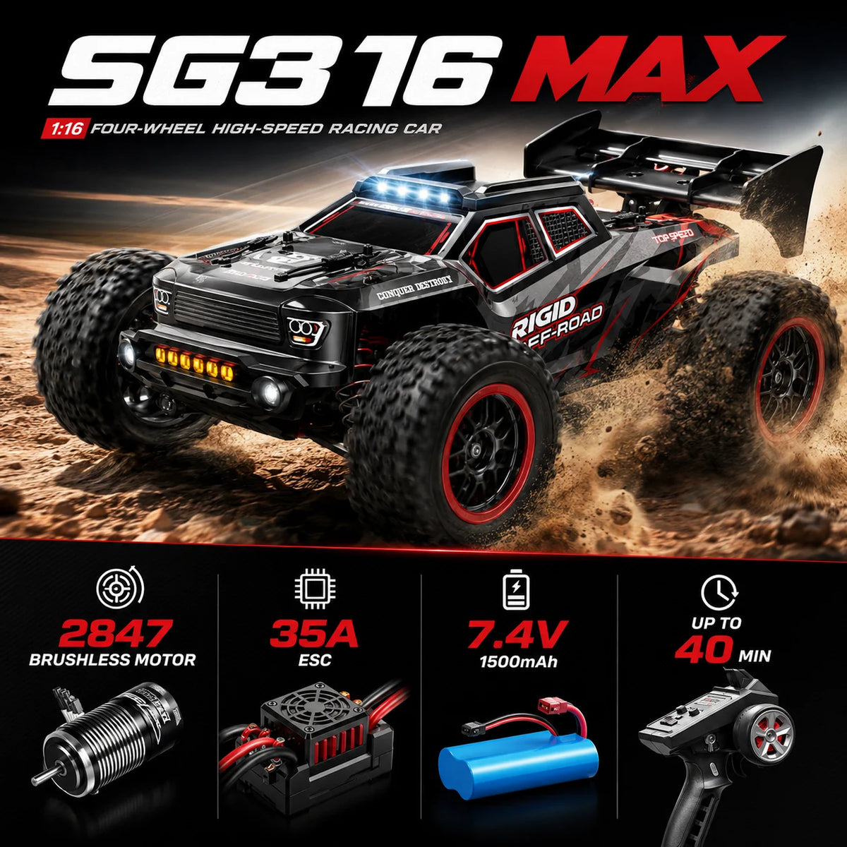 Auto RC sin Escobillas de Alta Velocidad 80km/h para Todo Terreno con Luces LED Brillantes, Control Remoto 2.4G, Camioneta RTR 1/16, Auto Todoterreno 4WD