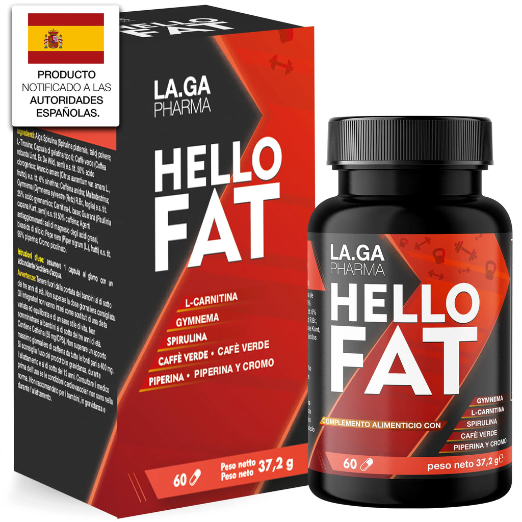 HelloFat© Suplemento con Espirulina, L-Tirosina, Naranjo Amargo, Piperina, Cromo. Natural Complex para Hombre y Mujer, Fórmula Completa, 60 Cápsulas Fabricado en Italia, 2 Meses.