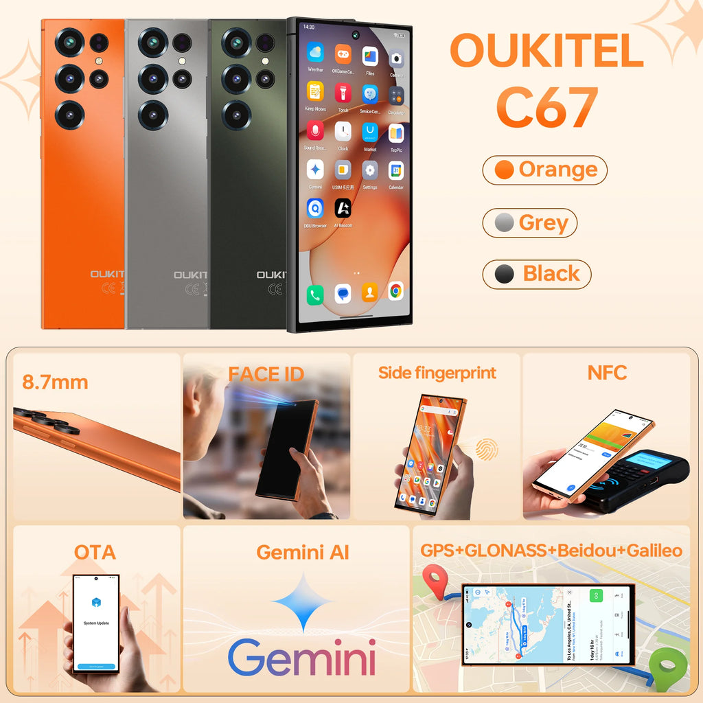 Smartphone OUKITEL C67, Pantalla de 6.73" y 120Hz, Hasta 24GB de RAM (6+18) + 256GB de ROM, Batería de 5000mAh, Cámara Principal de 64MP, Android 16, Ultra Delgado de 8.7mm