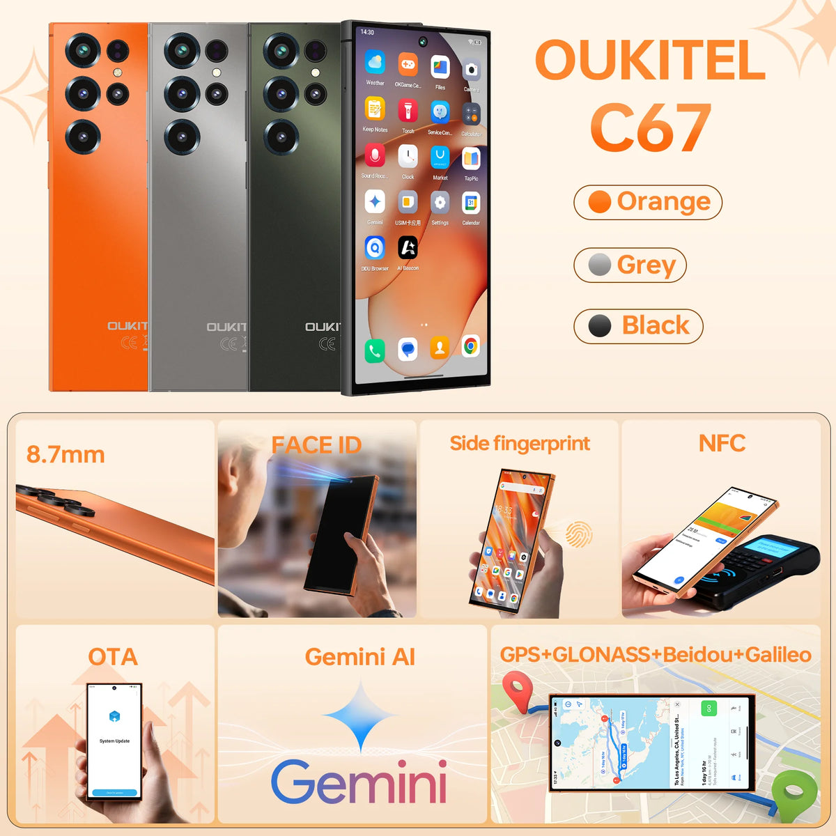 Smartphone OUKITEL C67, Pantalla de 6.73" y 120Hz, Hasta 24GB de RAM (6+18) + 256GB de ROM, Batería de 5000mAh, Cámara Principal de 64MP, Android 16, Ultra Delgado de 8.7mm