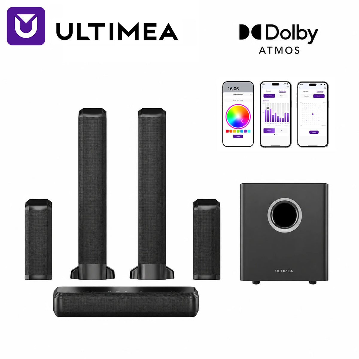 ULTIMEA Barra de Sonido Desmontable de 470W y 9.1 Canales con Dolby Atmos, Subwoofer y Altavoces Surround, Sistema de Sonido Envolvente para TV, Luz RGB