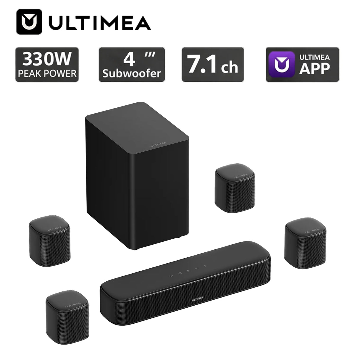 ULTIMEA 350W Sistema de Barra de Sonido 7.1ch para TV con Subwoofer y 4 Altavoces Envolventes, Sonido Envolvente de Cine en Casa, Control por App, HDMI ARC