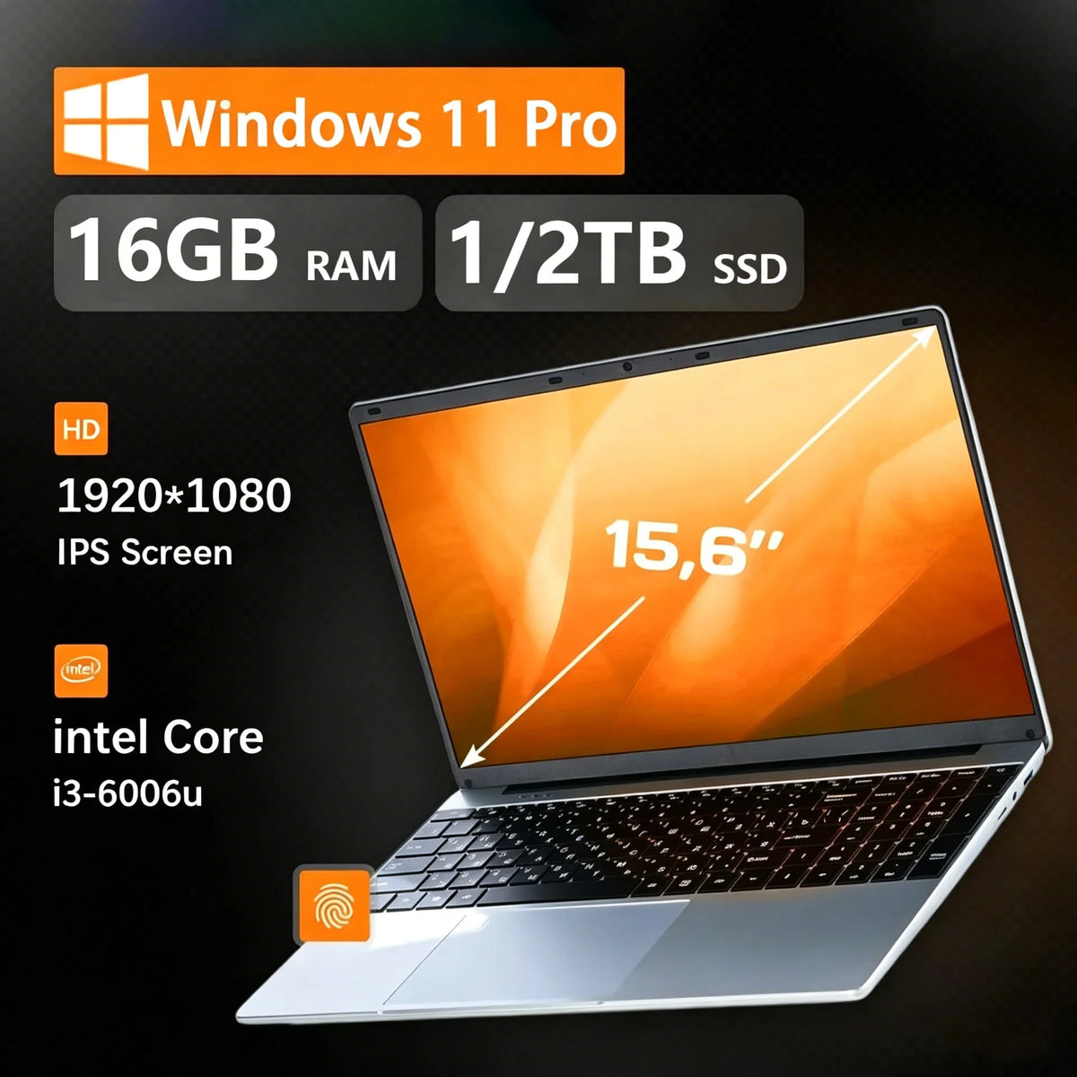Portátil de 15.6" FUCHU con desbloqueo por huella dactilar, Windows 11 Pro, Intel Core i3 6006U, 16 GB de RAM, SSD de 1 TB, computadora portátil para oficina