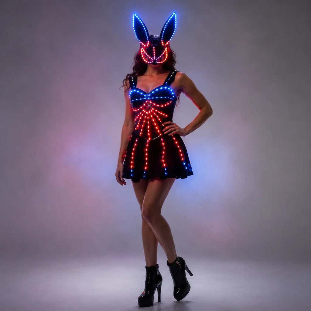 Vestido de discoteca con espejo y luces LED, ideal para fiestas, cumpleaños y eventos nocturnos. Diseño sin mangas, con luces LED brillantes, perfecto para bailarinas, cantantes y artistas de escenario.