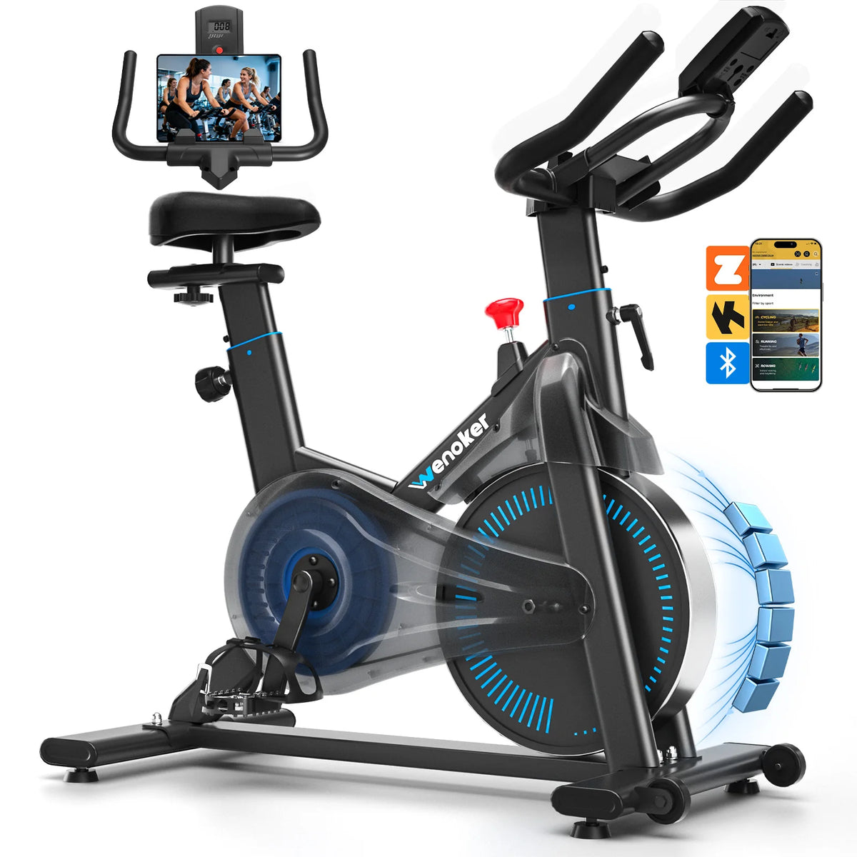 Bicicleta de ejercicio Wenoker con aplicación y pantalla LCD, bicicleta de spinning silenciosa |   Bicicleta ergométrica para entrenamiento en casa con resistencia magnética, soporte para tableta, asiento cómodo, biciclet