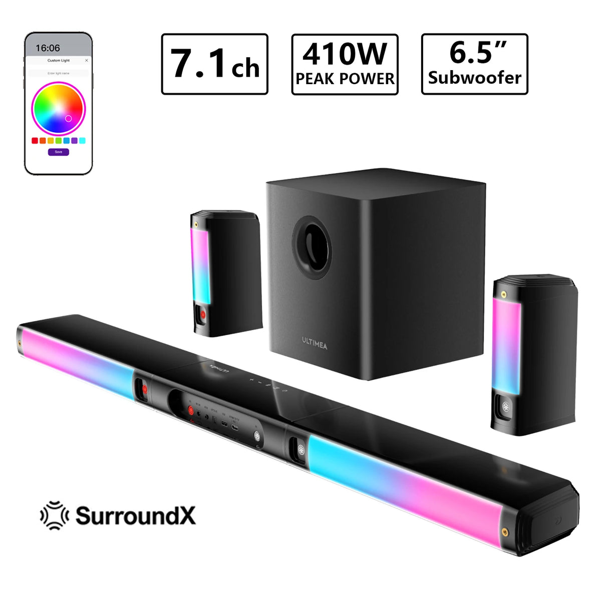 ULTIMEA Barra de Sonido Desmontable de 470W y 9.1 Canales con Dolby Atmos, Subwoofer y Altavoces Surround, Sistema de Sonido Envolvente para TV, Luz RGB